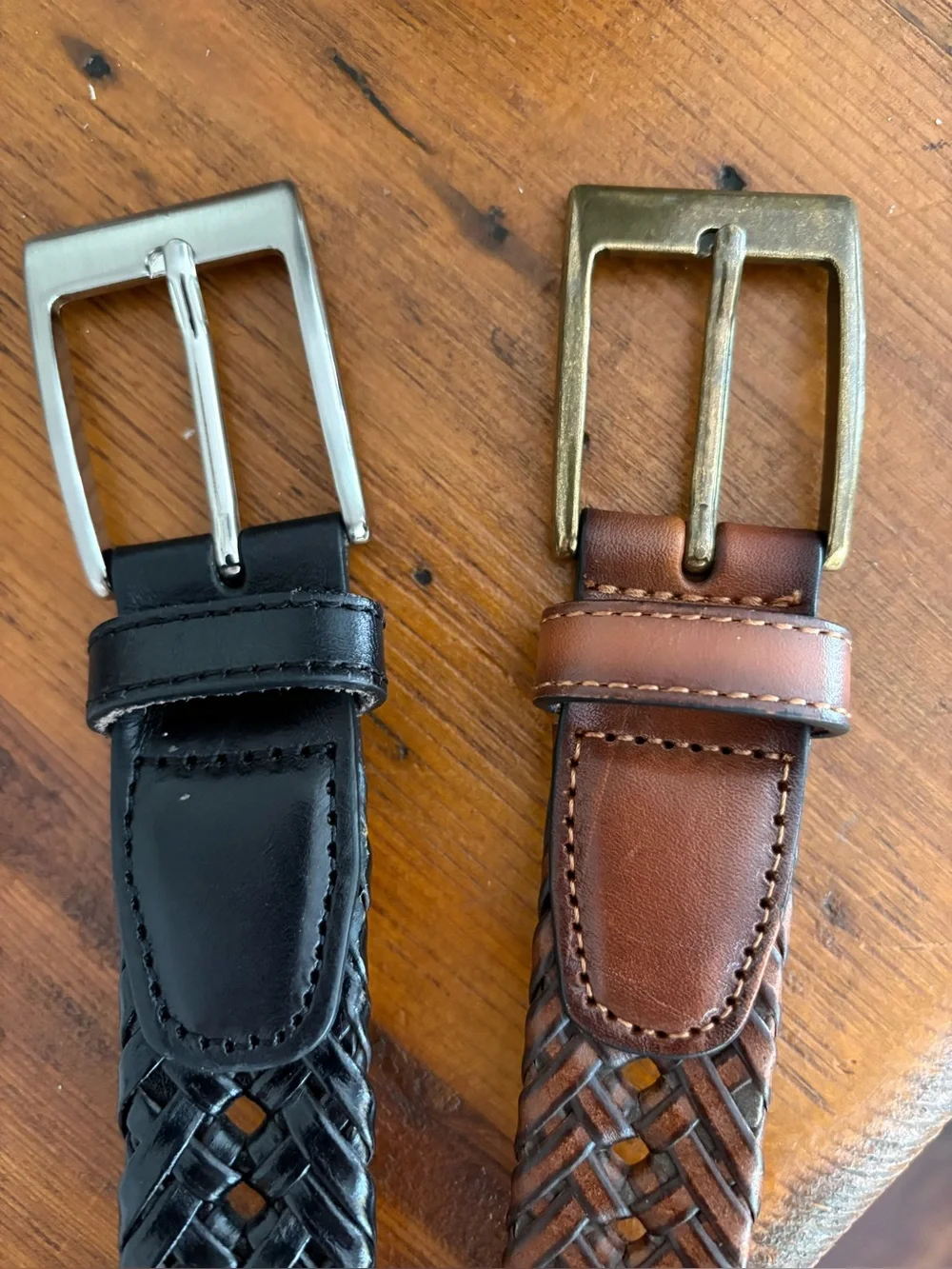 Bundle of 2 Men’s Woven Braided Belts. Black  Brown Brass Silver Hardware Sz 48